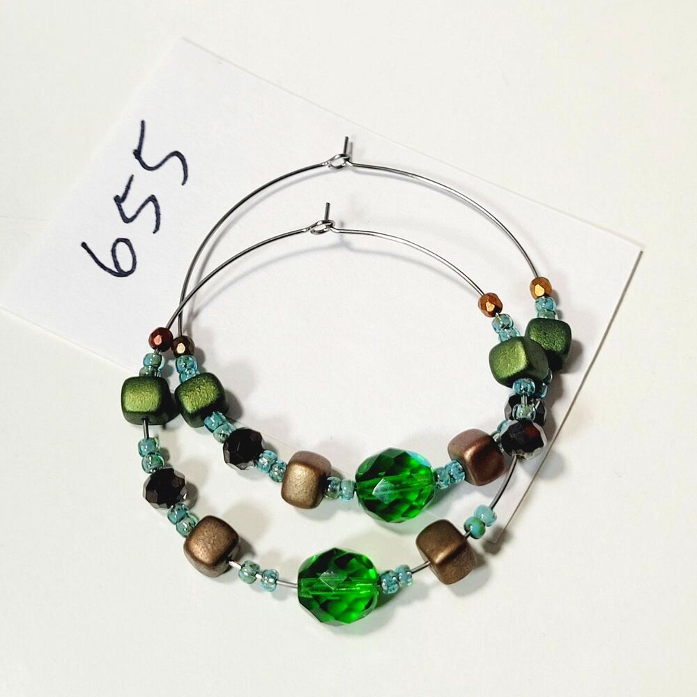 Artisan earrings  655#FS Czech glass Green Hoop earrings, big hoop earrings 2 in